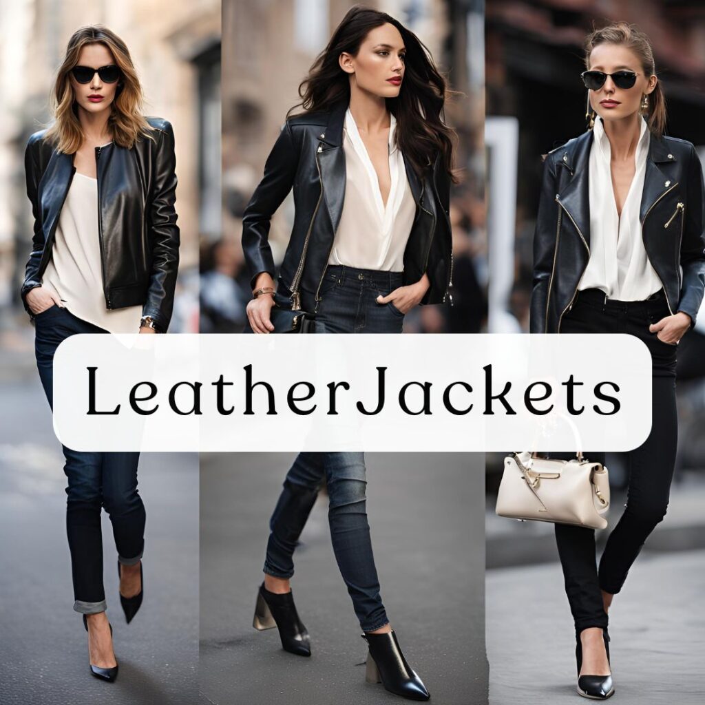 A sleek black leather jacket worn over a soft silk blouse and fitted jeans, adding an edgy contrast to the chic outfit.