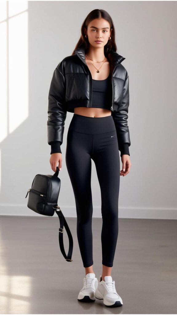 Create a trendy black leggings look with a cropped puffer jacket, white sneakers, and a black leather jacket. Add a sporty crossbody and minimalist jewelry for effortless style.