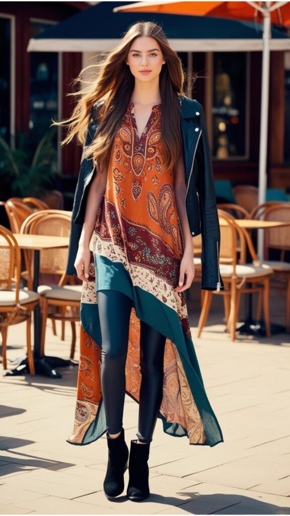 Achieve a bohemian look with black leggings, a flowy tunic, and ankle boots. Layer a black leather jacket for a mix of boho and edgy vibes, ideal for casual outings.