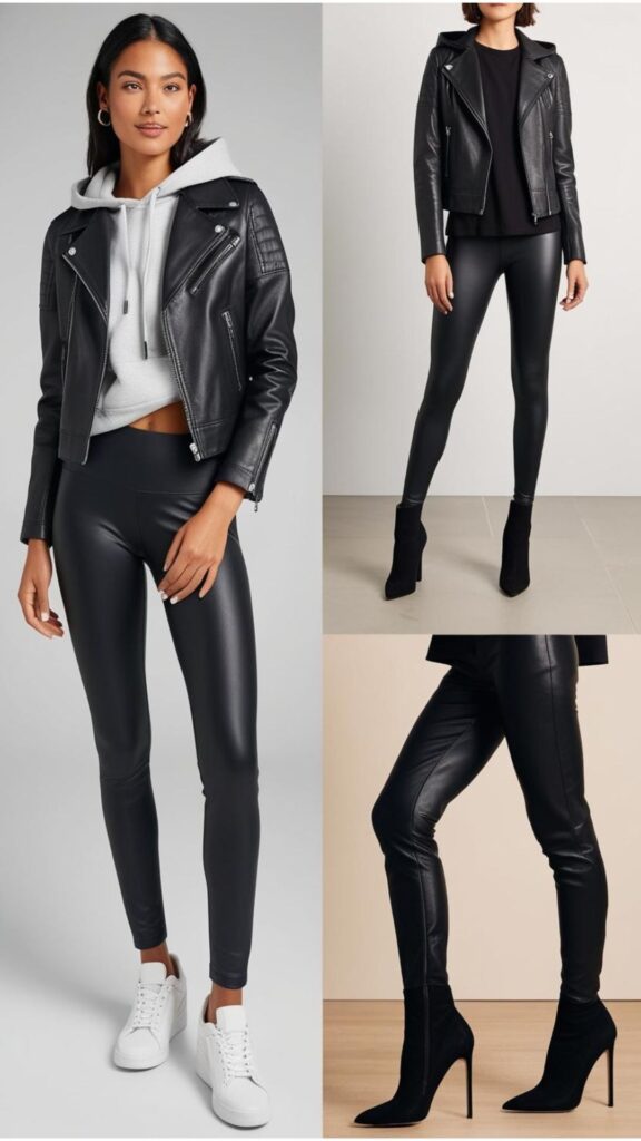 A black leather jacket and black leggings are a timeless combo. Dress it down with sneakers and a hoodie for an athleisure vibe or up with heels for a chic look.