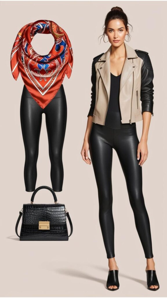 Add personality to black leggings with a vibrant scarf or bold bag. Pair with a neutral black leather jacket for a balanced, fashion-forward, and stylish outfit.