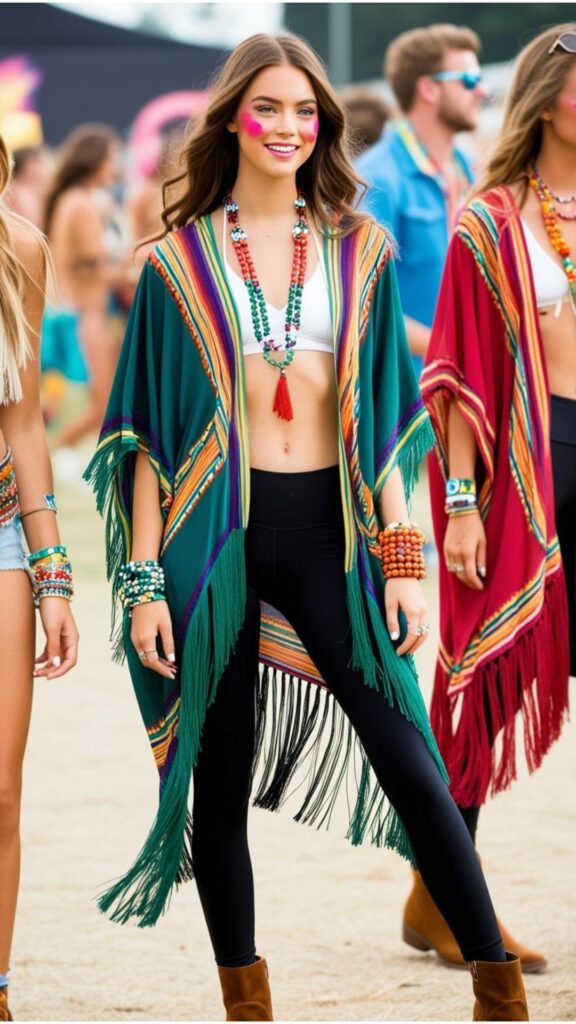 Black leggings are perfect for music festivals—pair with a flowy fringe kimono and ankle boots. Add colorful accessories or makeup for a playful, vibrant look.