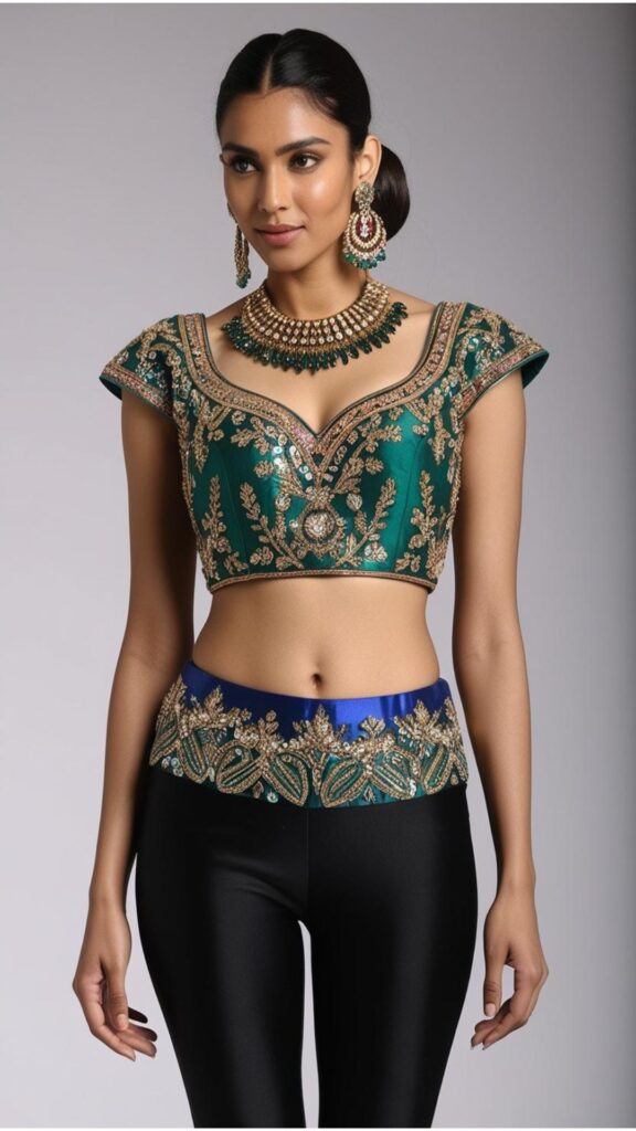 Transform black leggings into a festive look by pairing with an embroidered or sequined lehenga top. Complete with statement jewelry for a bold, show-stopping outfit.