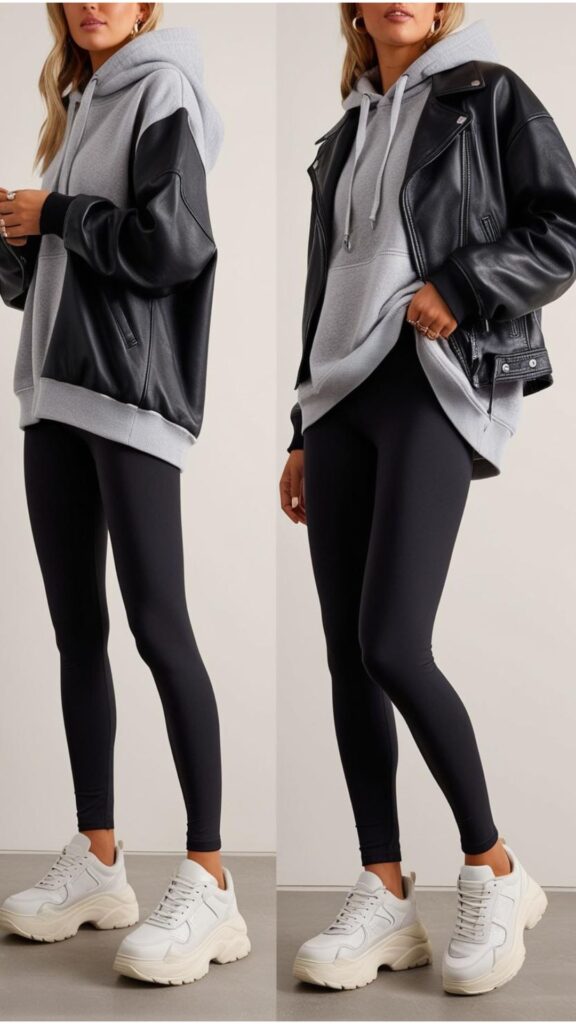 Pair black leggings with an oversized hoodie and chunky sneakers for a laid-back look. Add a black leather jacket for streetwear edge—perfect for coffee runs or lounging.