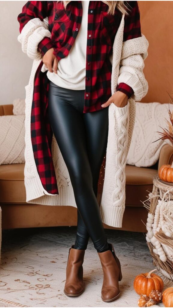 Layer black leggings with a plaid flannel shirt, cozy cardigan, and ankle boots for a stylish, seamless transition into fall. Perfect for comfort and warmth.