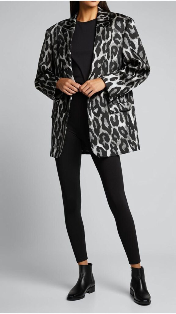 Elevate black leggings with an oversized blazer in a statement pattern, like black leopard print. Pair with ankle boots or loafers for a chic brunch or errands look.