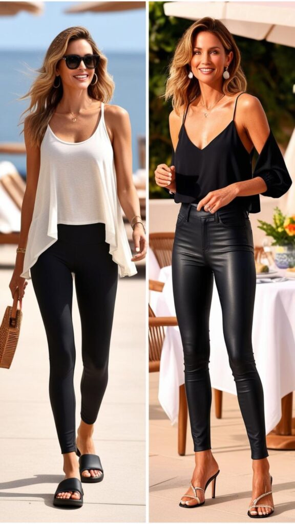 On warm days, pair black leggings with a tank top and slides for a breezy, chic look. For summer dinner, swap leggings for black leather pants for an elevated style.