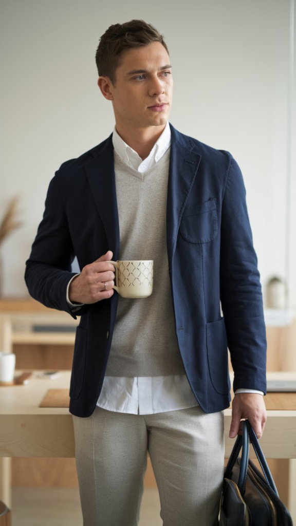 A sleek figure wearing a core capsule wardrobe, with a color palette of neutrals and pops of color.