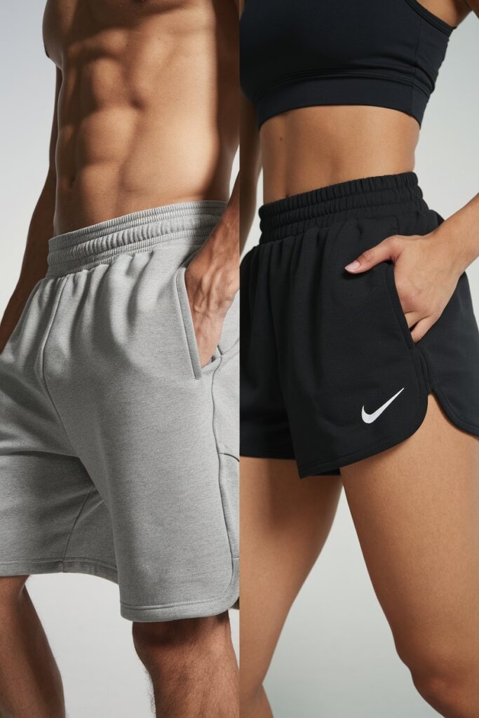 A side-by-side image of a man and woman wearing well-fitted sweat shorts, highlighting the ideal length and fit.