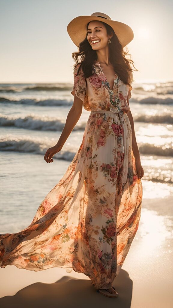 A woman wearing a flowy maxi dress, sandals, and a wide-brimmed hat.