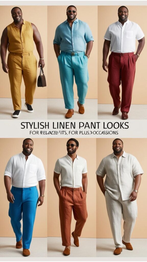 Play with colors, accessorize, and mix fabrics for stylish linen pant looks for men. Choose the right fit for the occasion, and opt for relaxed styles for plus-size fashion for men.
