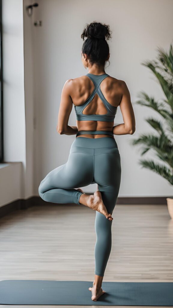 A woman wearing leggings and a sports bra, doing yoga.