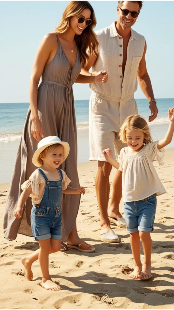 Keep beach family photos light and breezy with a flowy maxi dress, a linen jumpsuit with espadrilles, or denim shorts with a peasant blouse. Barefoot shots add charm.