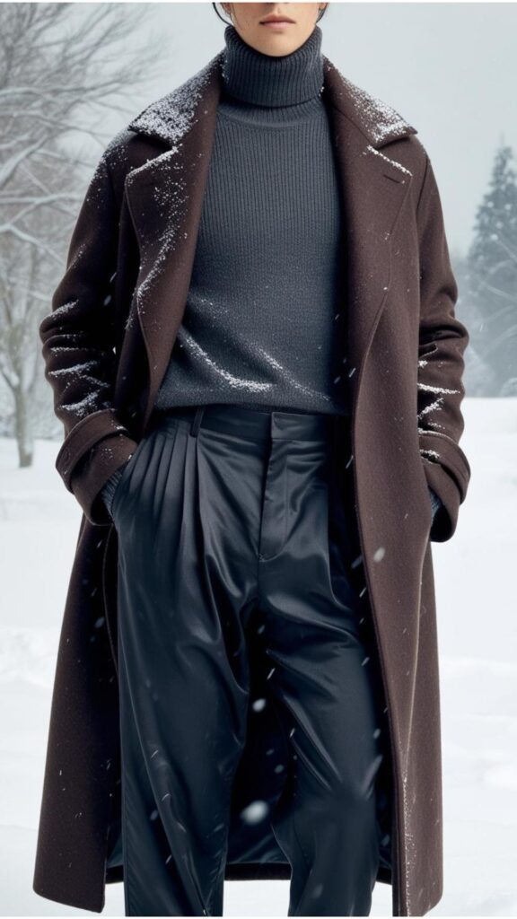 A person wearing black linen pants, a turtleneck sweater, and a wool coat, standing in a snowy landscape.