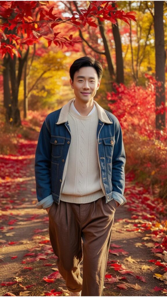 A person wearing brown linen pants, a sweater, and a denim jacket, walking in a fall forest.