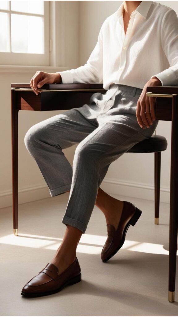 A person wearing grey linen pants, a button-down shirt, and loafers, sitting at a desk.
