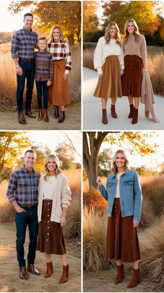 Fall family photo outfits embrace warm tones and layers—plaid shirt with jeans and boots, cozy cardigan with midi skirt, or earthy maxi dress with a denim jacket.