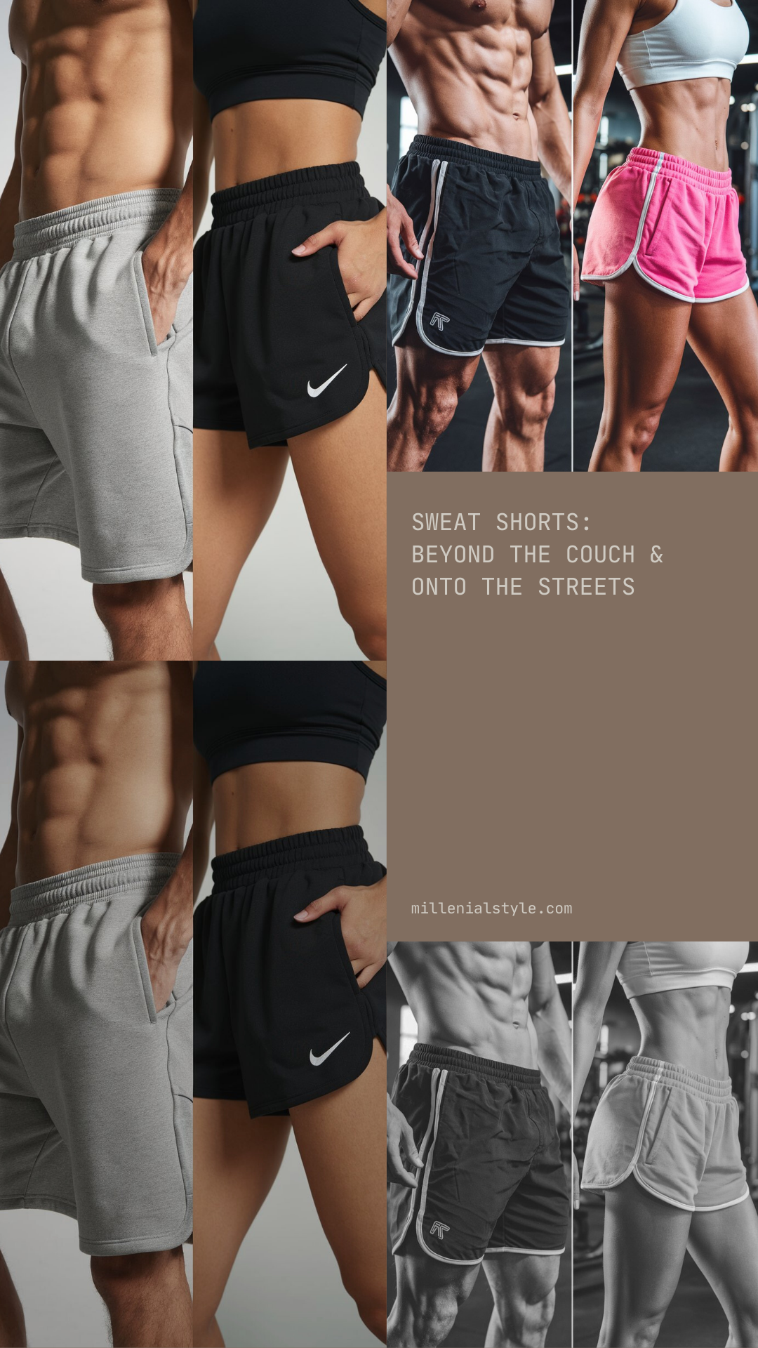 A side-by-side image of a man and woman wearing well-fitted sweat shorts, highlighting the ideal length and fit.