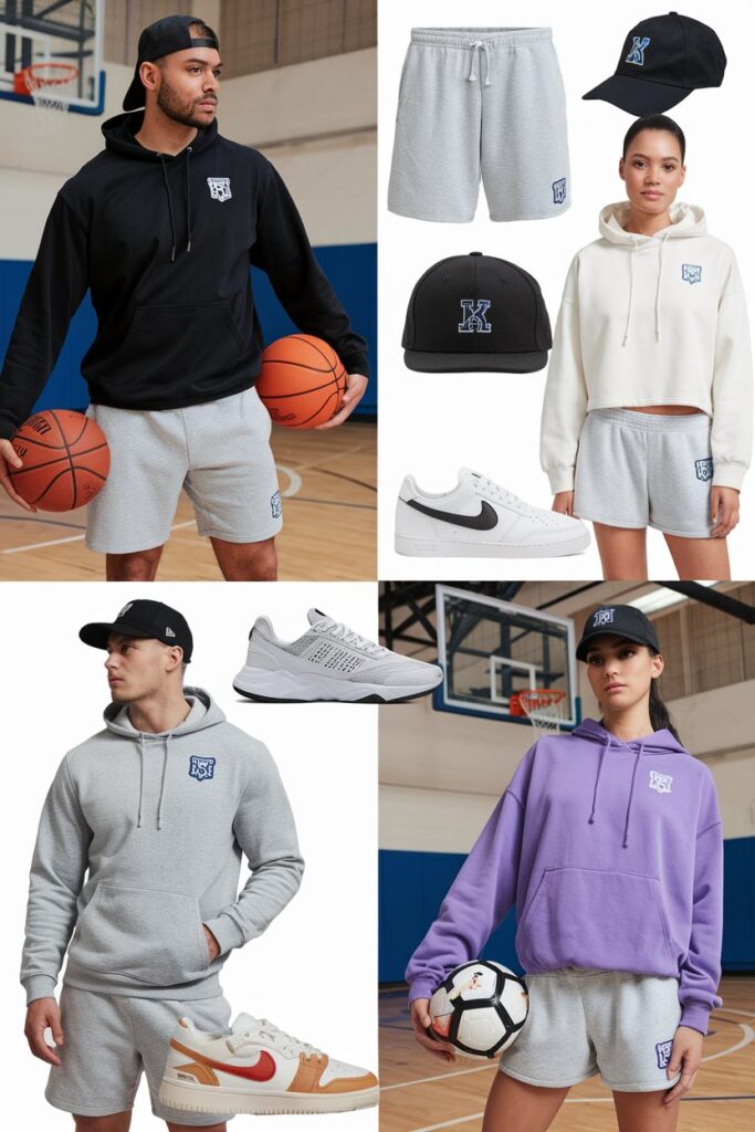 A collage of sporty outfits featuring sweat shorts, hoodies, sneakers, and baseball caps.