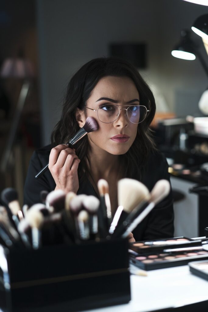 A person applying makeup using high-quality brushes and tools.
