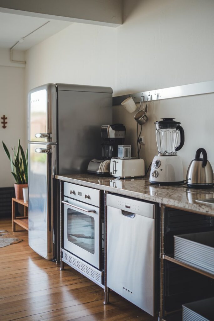 A minimalist kitchen with sleek, modern appliances and gadgets.