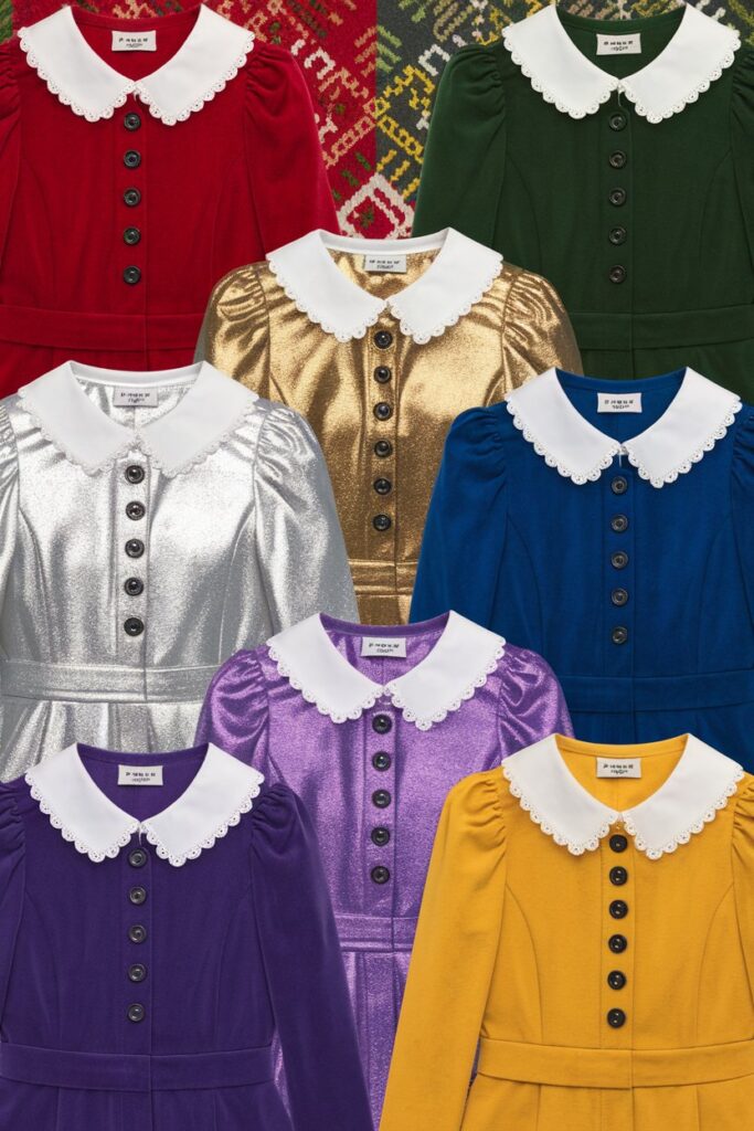 A color palette of holiday-inspired colors and patterns, with examples of dresses in each color and pattern.