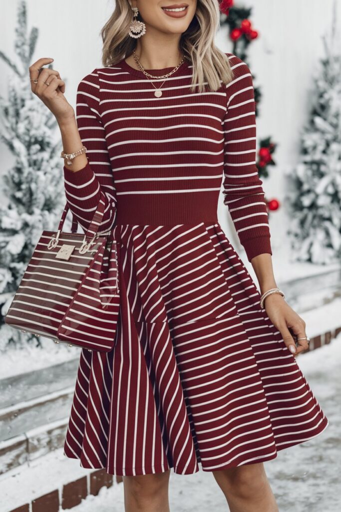 A woman wearing a holiday dress and accessorizing it with different jewelry, shoes, and bags.