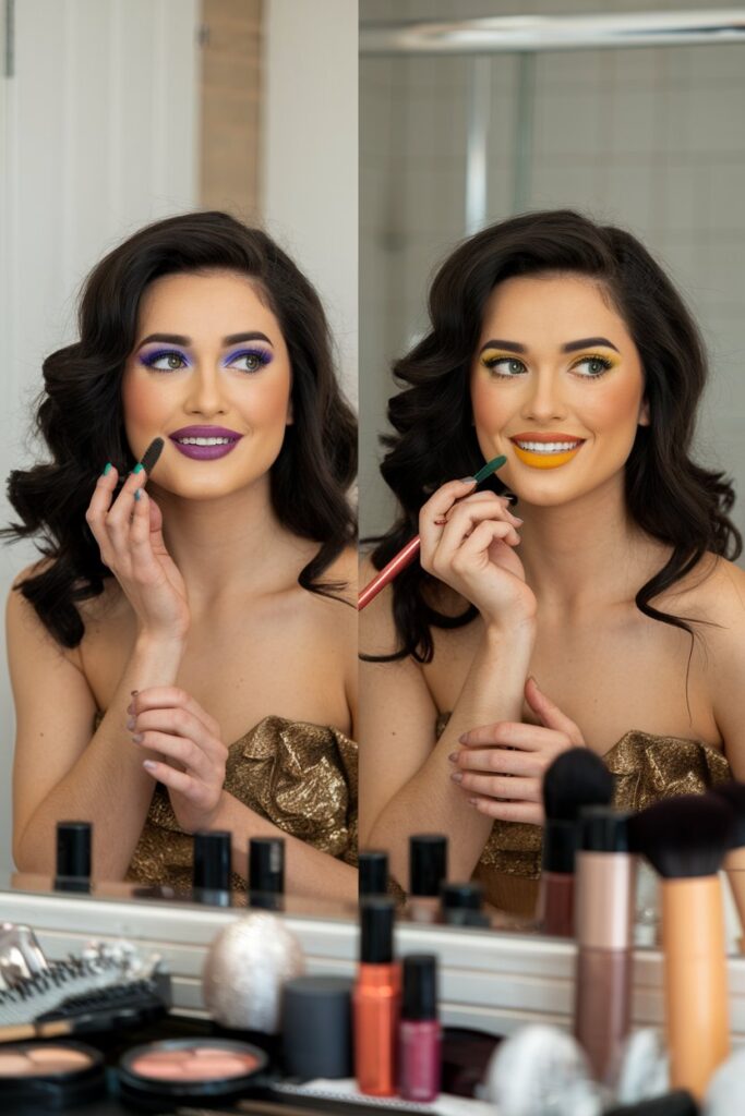 A woman getting ready for a holiday party, with different hairstyle and makeup looks.