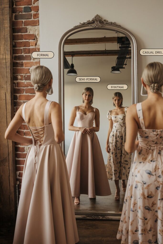 A woman trying on different dresses in front of a mirror, with labels indicating formal, semi-formal, and casual.