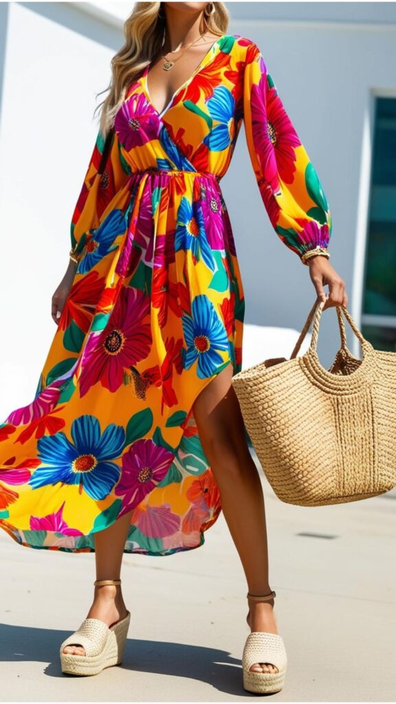 A vibrant maxi dress with a bold floral print, styled with wedges and a straw bag for a summery look.