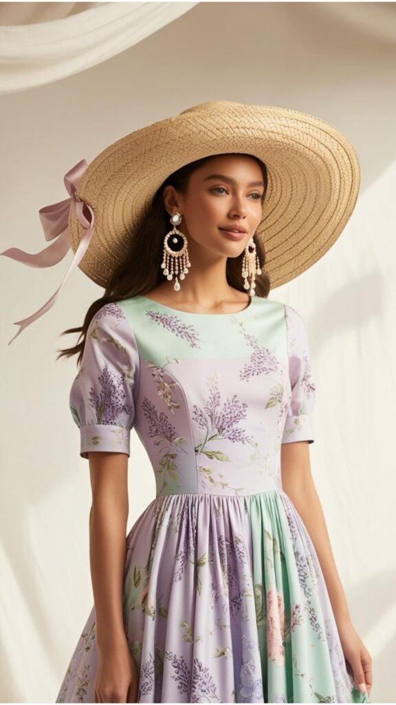 A midi-length dress with a delicate floral print in pastel hues, paired with a wide-brimmed hat and statement earrings.