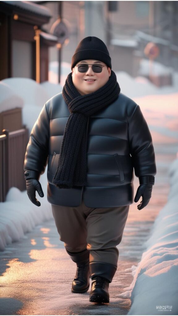 A chubby Korean good looking man wearing a black beanie, a black scarf, and black sunglasses, walking down a snowy street.