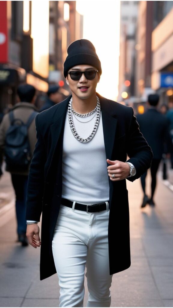 A Korean handsome good looking man wearing a silver chain necklace, a black beanie, and black sunglasses, walking down a city street