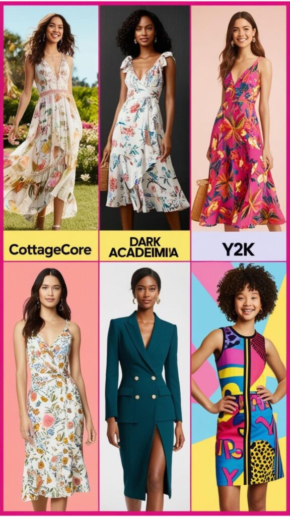A collage of different aesthetic summer dresses outfits, including Cottagecore, Dark Academia, and Y2K.