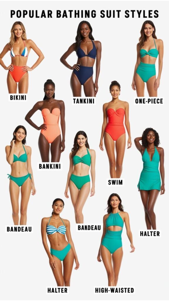 Here’s a quick guide to popular bathing suit styles: bikini, tankini, one-piece, swim dress, bandeau, halter, and high-waisted for flattering, stylish options.