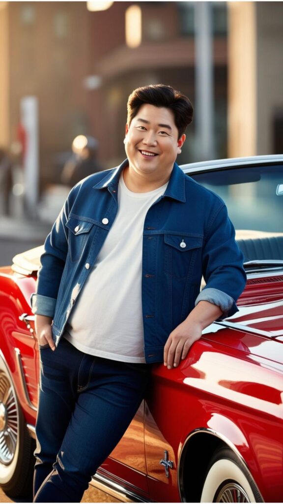 A chubby Korean good looking man wearing a classic blue denim jacket, a white t-shirt, and dark blue jeans, leaning against a vintage car.