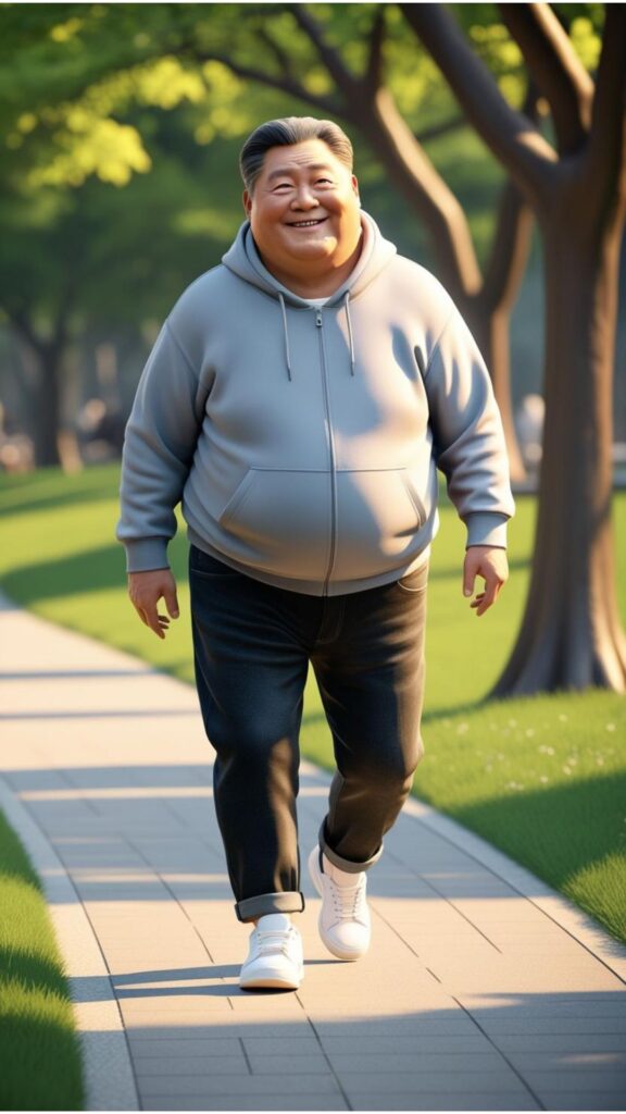A chubby Korean old man wearing white sneakers, black jeans, and a gray hoodie, walking through a park.