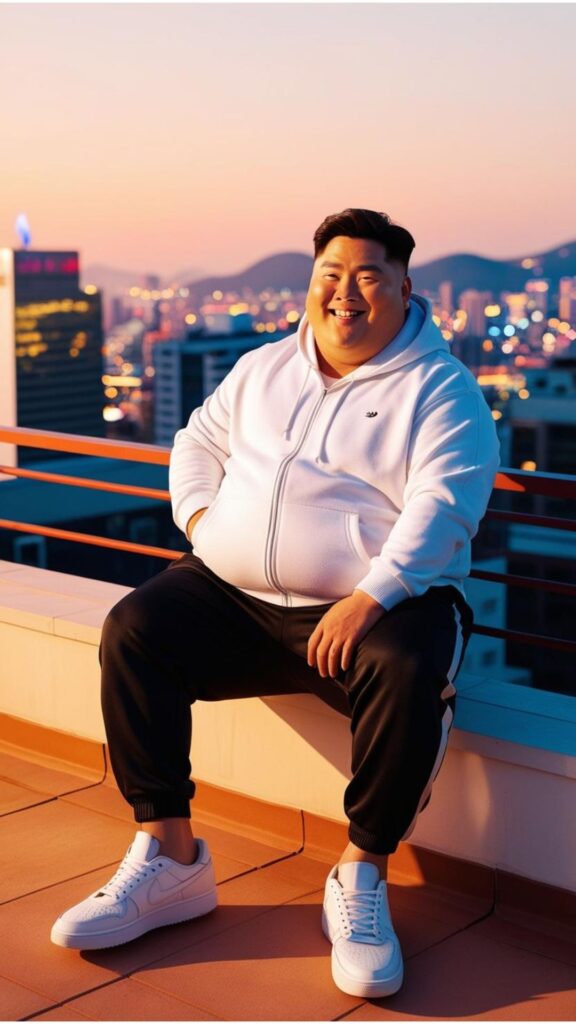 A chubby Korean good looking man wearing black track pants, a white hoodie, and white sneakers, sitting on a rooftop overlooking the city.