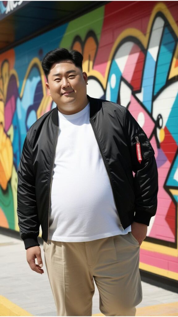 A chubby Korean man wearing a black bomber jacket, a white t-shirt, and beige chinos, standing in front of a graffiti wall.