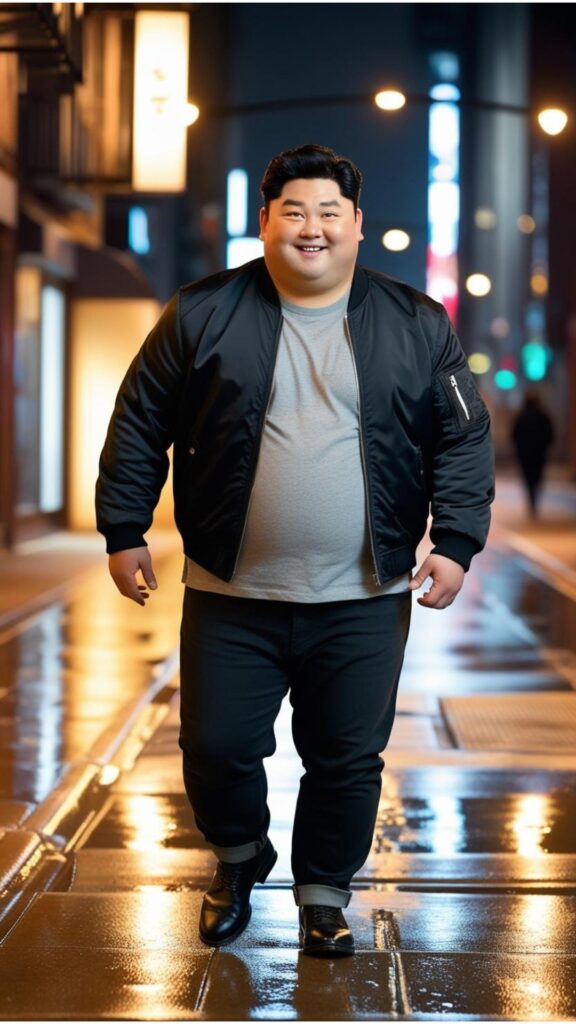 A chubby Korean good looking man wearing a black bomber jacket, a gray t-shirt, and black jeans, walking down a city street at night