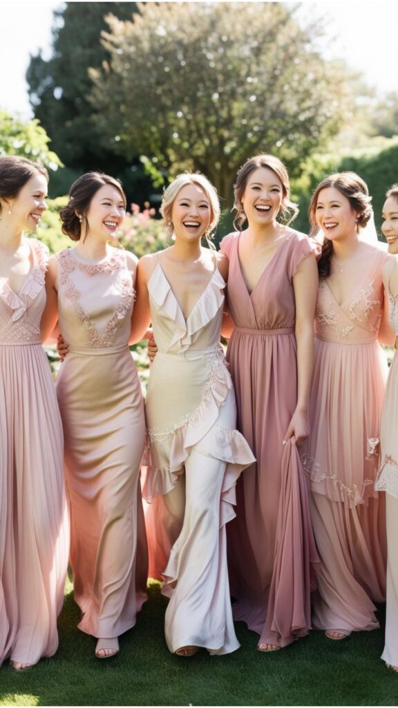 A group of bridesmaids wearing mismatched dresses in varying shades of blush pink, with different styles and necklines to suit each individual.