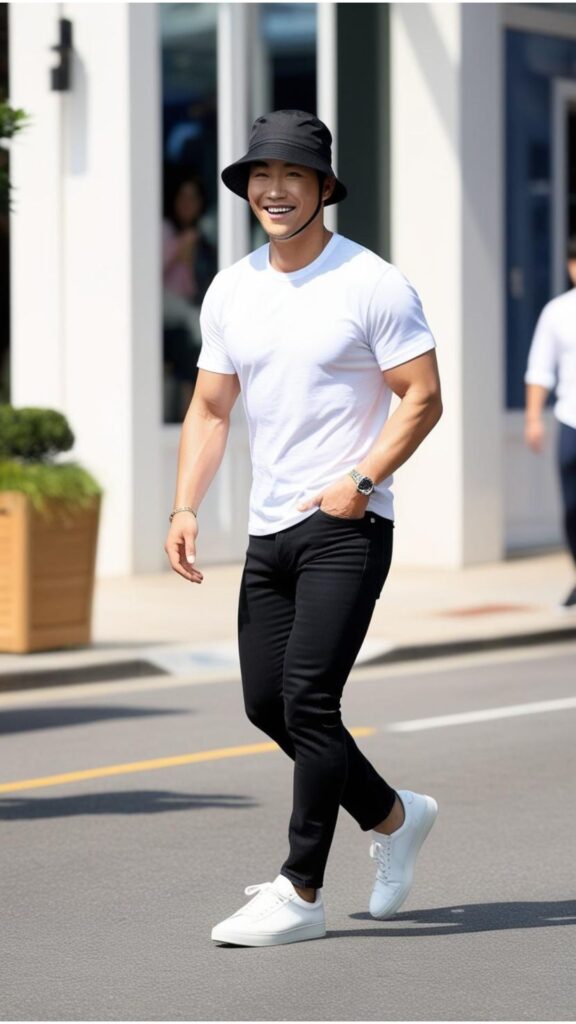 A handsome Korean man wearing a black bucket hat, a white t-shirt, black jeans, and white sneakers, walking down a street
