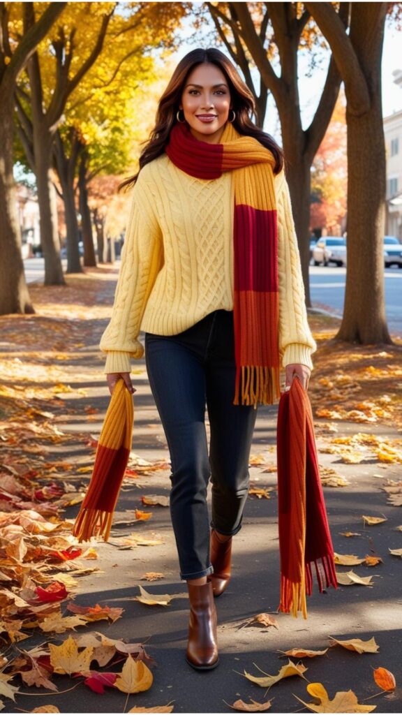 A woman walking down a tree-lined street in autumn. She's wearing a butter yellow cable knit sweater, dark wash jeans, brown leather ankle boots, and a scarf with fall colors.