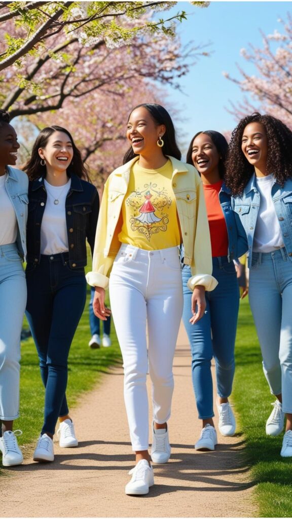 A group of friends walking through a park in spring. One woman is wearing a butter yellow graphic t-shirt, a light wash denim jacket, white jeans, and white sneakers.