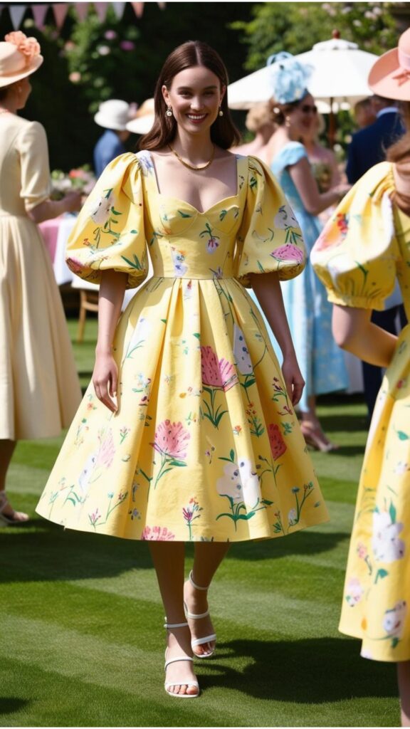A garden party scene with a woman wearing a butter yellow floral print tea dress with puff sleeves, white sandals, and a delicate gold necklace.