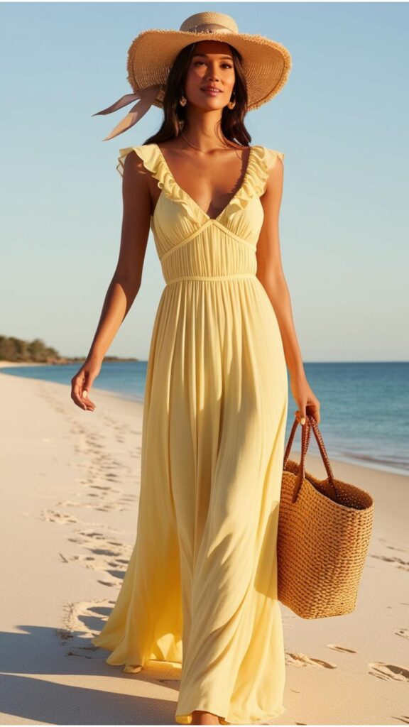 A woman in a flowing butter yellow maxi dress with ruffled straps, wearing a straw hat and carrying a woven tote bag, walking along a sandy beach.