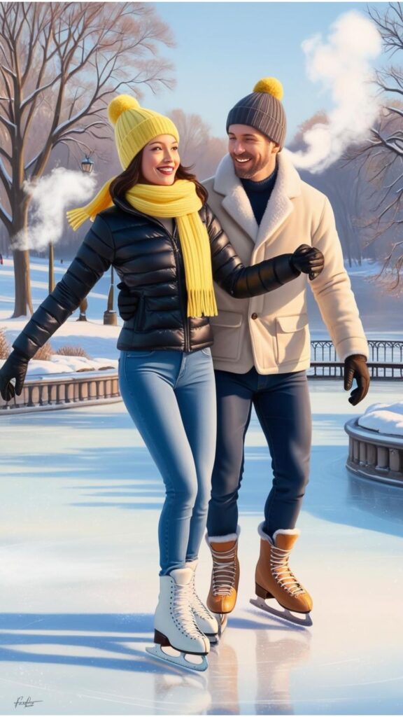 A couple ice skating in a park. The woman is wearing a black puffer jacket, blue jeans, a butter yellow beanie, and a matching butter yellow scarf.