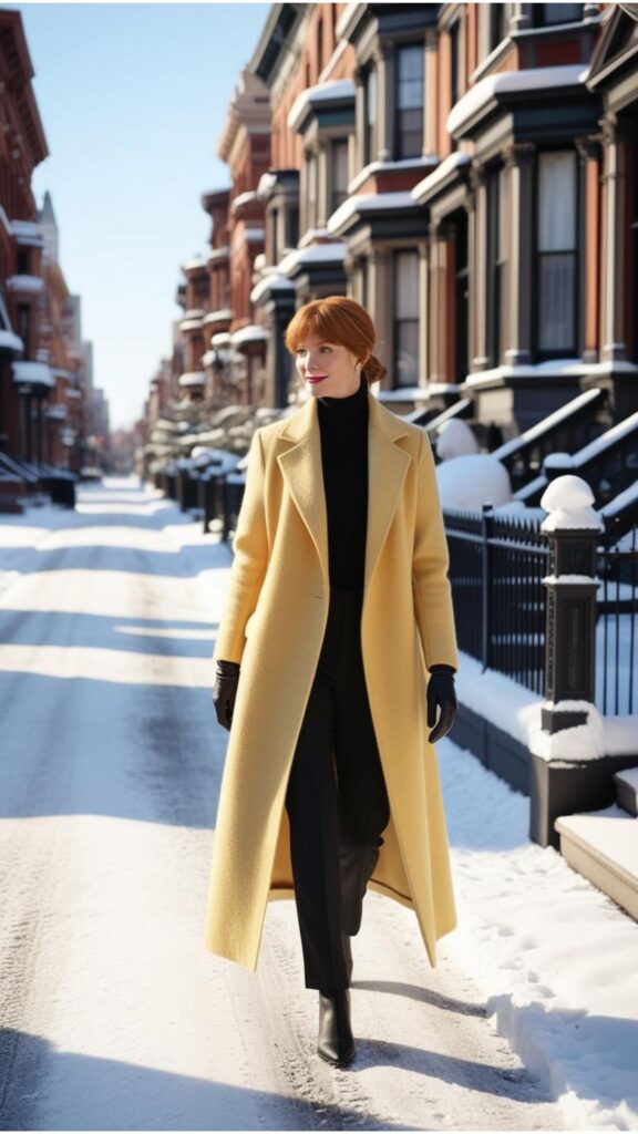 A snowy city street scene with a woman walking by wearing a long butter yellow wool coat, black trousers, a black turtleneck sweater, and black leather gloves.
