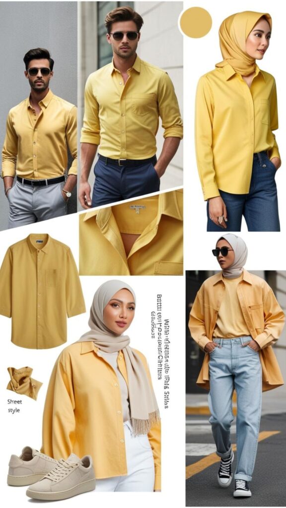 Men can style butter yellow with chinos or jeans. A butter yellow hijab shines with neutrals. Create soft or bold aesthetics, or go street style with sneakers!