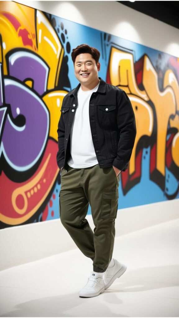 A chubby Korean good looking man wearing olive green cargo pants, a white t-shirt, and a black denim jacket, standing in front of a graffiti wall.